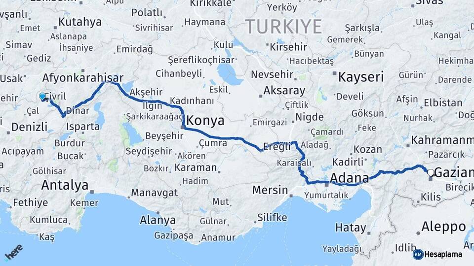 Denizli Çivril Gaziantep Arası Kaç Km - Yol Haritası