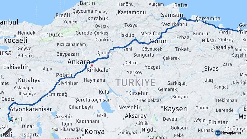 Denizli Çivril Giresun Arası Kaç Km - Yol Haritası