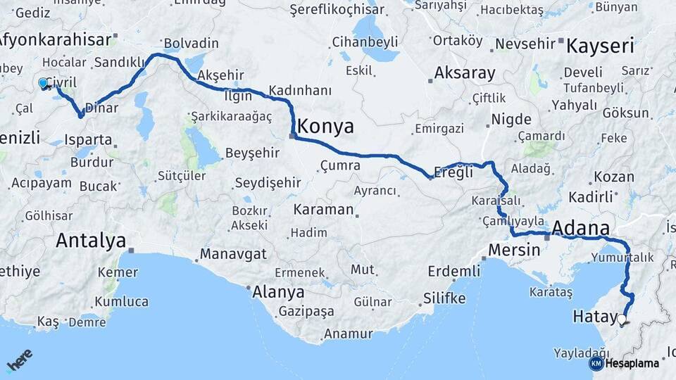 Denizli Çivril Hatay Arası Kaç Km - Yol Haritası