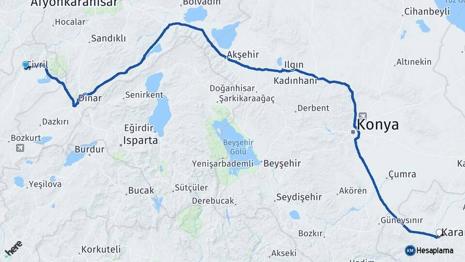 Denizli Çivril Karaman Arası Kaç Km - Yol Haritası