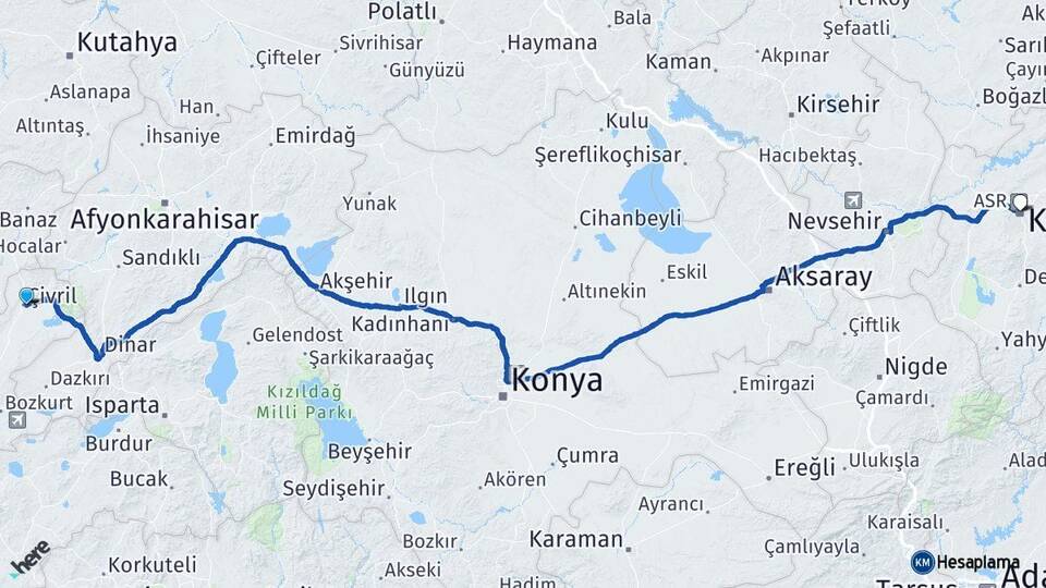 Denizli Çivril Kayseri Arası Kaç Km - Yol Haritası