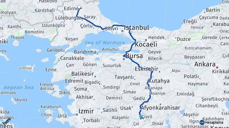 Denizli Çivril Kırklareli Arası Kaç Km - Yol Haritası