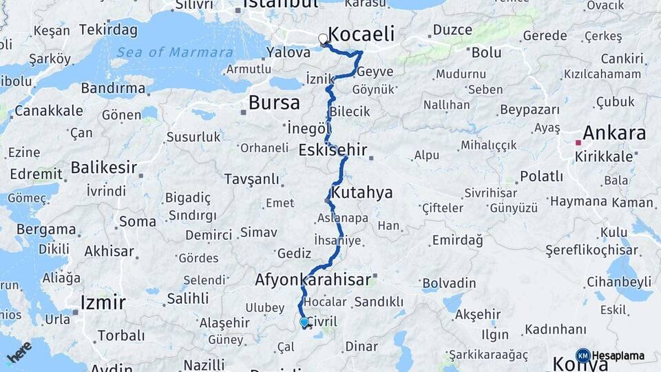 Denizli Çivril Kocaeli Arası Kaç Km - Yol Haritası