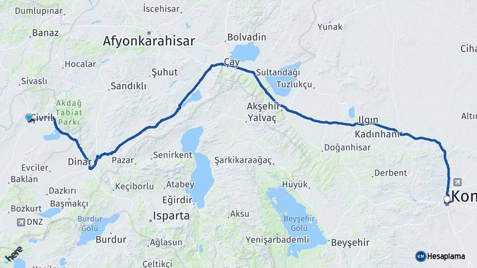 Denizli Çivril Konya Arası Kaç Km - Yol Haritası
