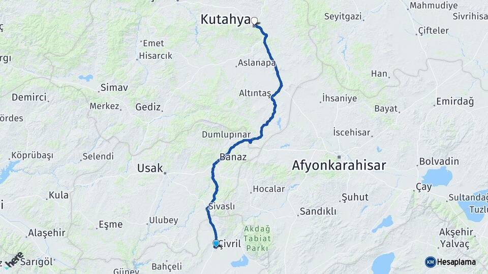 Denizli Çivril Kütahya Arası Kaç Km - Yol Haritası