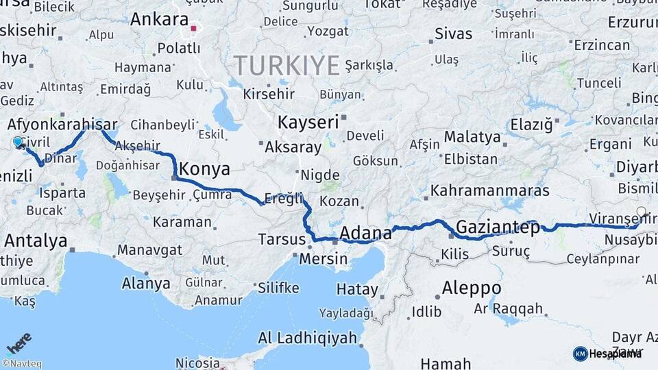 Denizli Çivril Mardin Arası Kaç Km - Yol Haritası