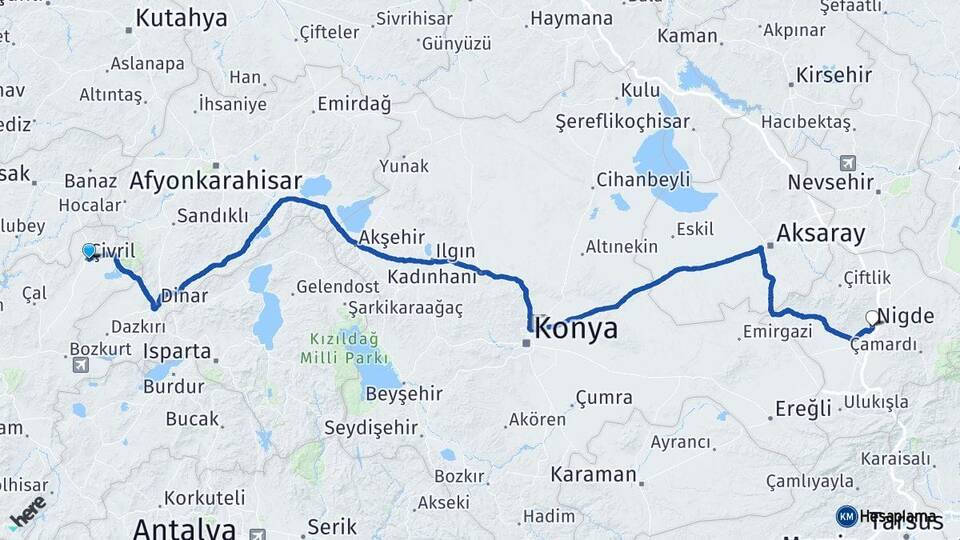 Denizli Çivril Niğde Arası Kaç Km - Yol Haritası