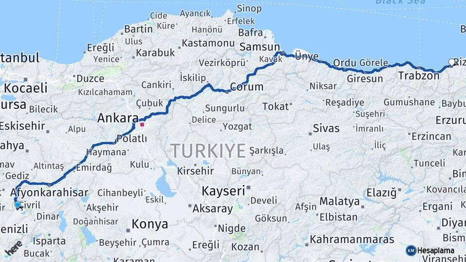 Denizli Çivril Rize Arası Kaç Km - Yol Haritası