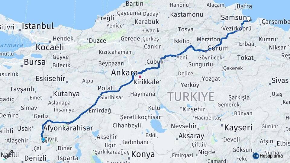 Denizli Çivril Samsun Arası Kaç Km - Yol Haritası