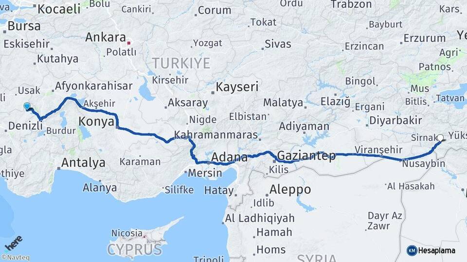 Denizli Çivril Şırnak Arası Kaç Km - Yol Haritası