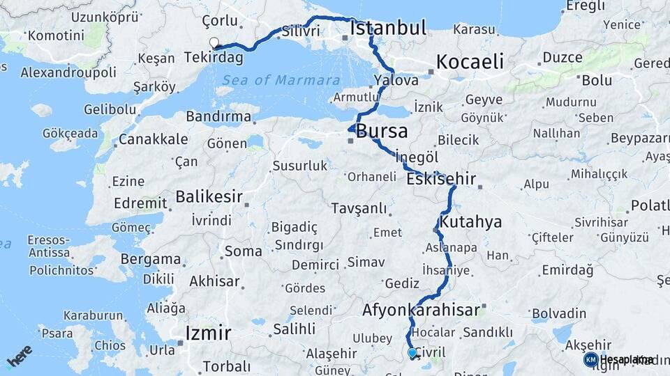Denizli Çivril Tekirdağ Arası Kaç Km - Yol Haritası