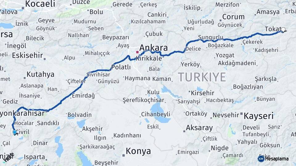 Denizli Çivril Tokat Arası Kaç Km - Yol Haritası