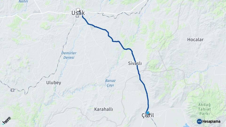 Denizli Çivril Uşak Arası Kaç Km - Yol Haritası