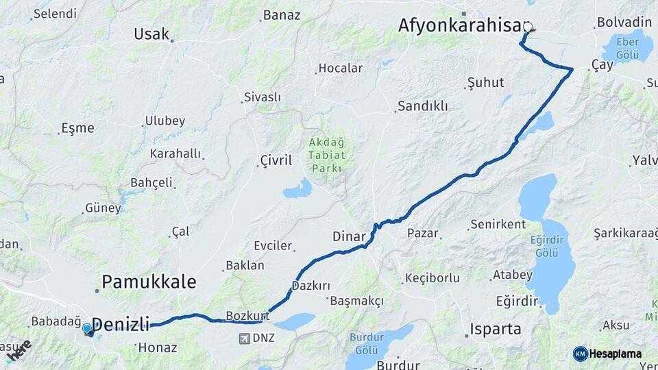 Denizli Çobanlar Afyonkarahisar Arası Kaç Km - Yol Haritası