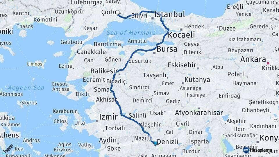 Denizli Çorlu Tekirdağ Arası Kaç Km - Yol Haritası
