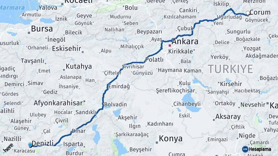 Denizli Çorum Arası Kaç Km - Yol Haritası