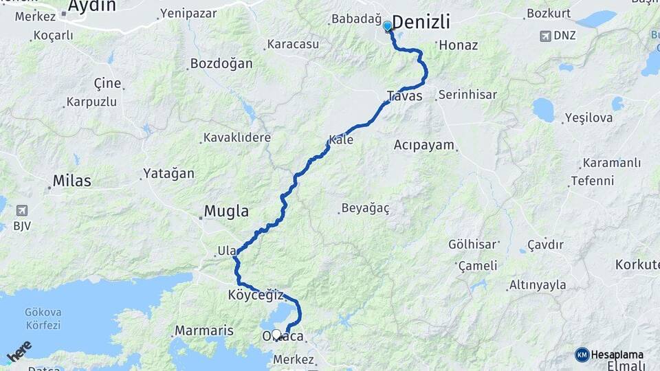 Denizli Dalyan Ortaca Muğla Arası Kaç Km - Yol Haritası
