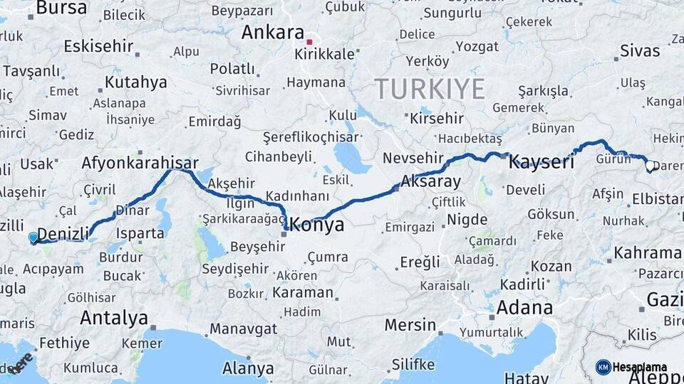 Denizli Darende Malatya Arası Kaç Km - Yol Haritası