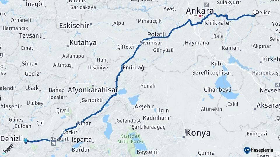 Denizli Delice Kırıkkale Arası Kaç Km - Yol Haritası