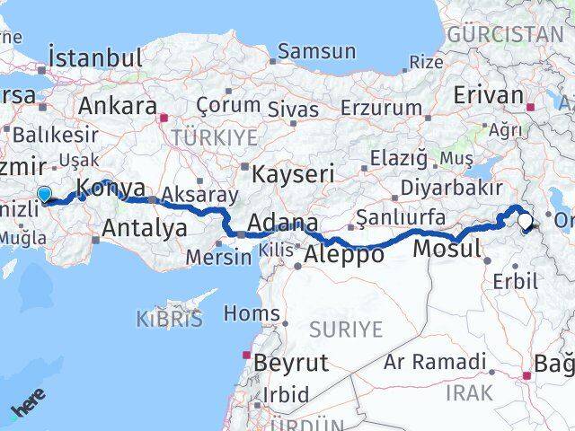 Denizli Derecik Hakkari Arası Kaç Km - Yol Haritası