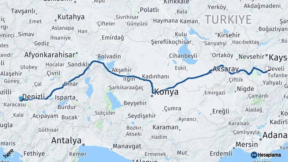 Denizli Develi Kayseri Arası Kaç Km - Yol Haritası