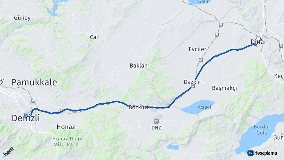 Denizli Dinar Afyonkarahisar Arası Kaç Km - Yol Haritası