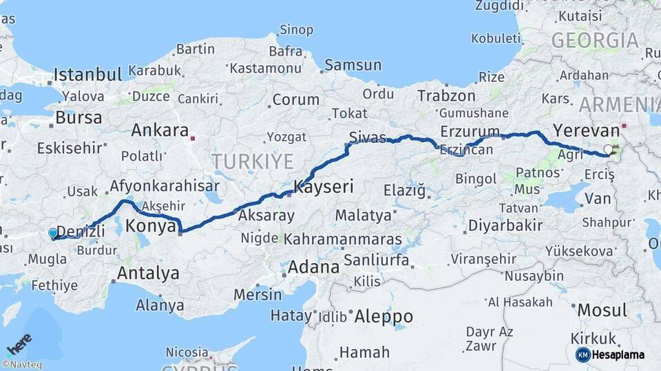 Denizli Doğubayazıt Ağrı Arası Kaç Km - Yol Haritası