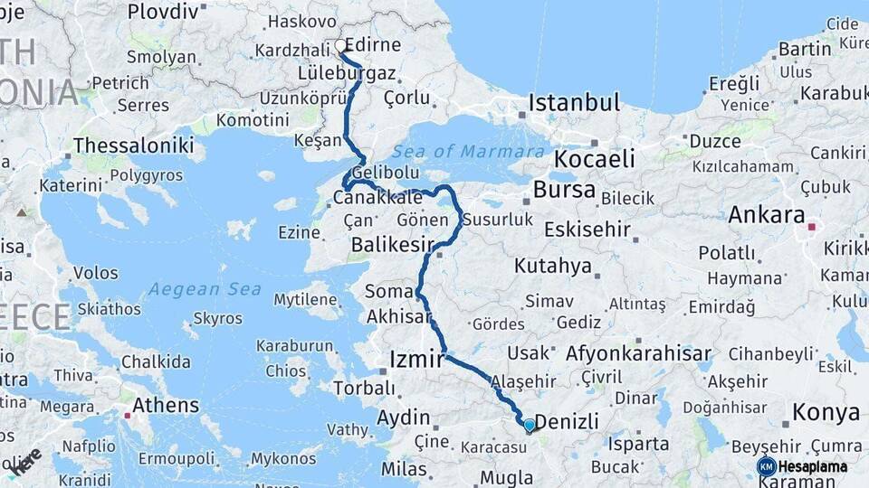 Denizli Edirne Arası Kaç Km - Yol Haritası