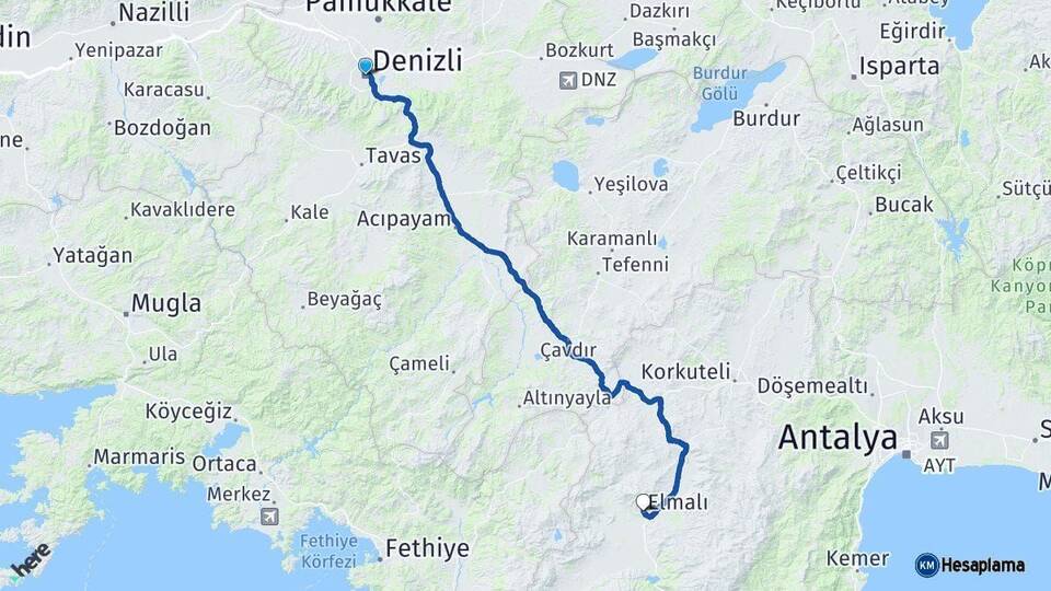 Denizli Elmalı Antalya Arası Kaç Km - Yol Haritası