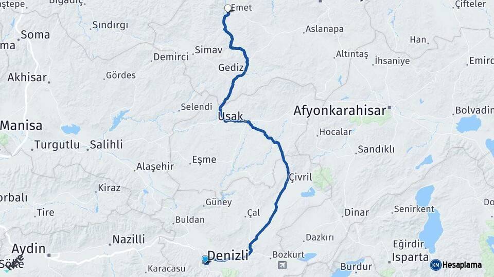 Denizli Emet Kütahya Arası Kaç Km - Yol Haritası