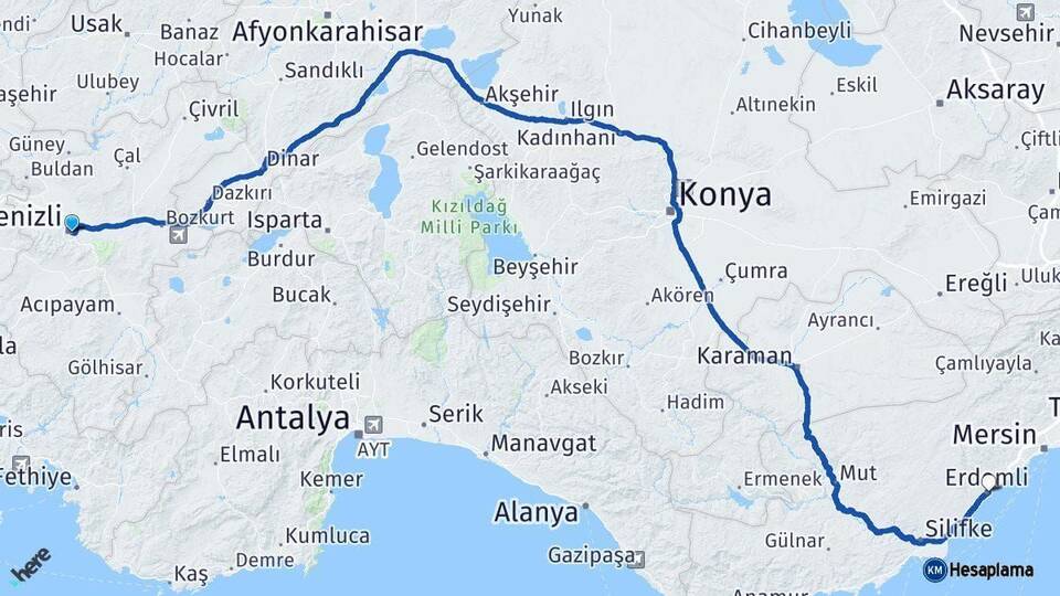 Denizli Erdemli Mersin Arası Kaç Km - Yol Haritası