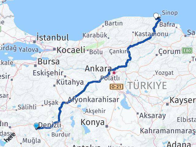 Denizli Erfelek Sinop Arası Kaç Km - Yol Haritası