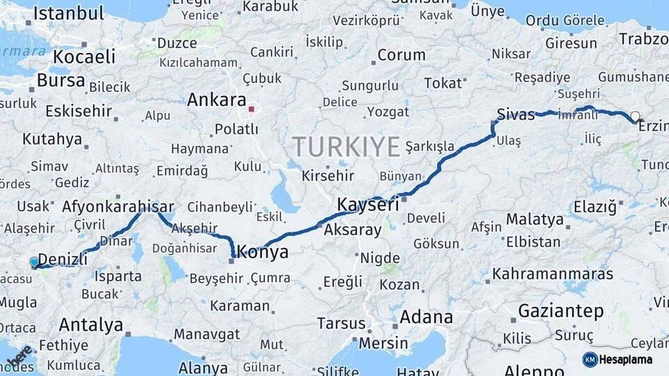 Denizli Erzincan Arası Kaç Km - Yol Haritası