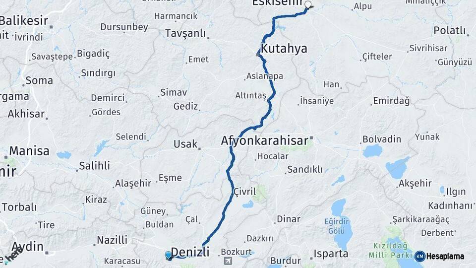 Denizli Eskişehir Arası Kaç Km - Yol Haritası