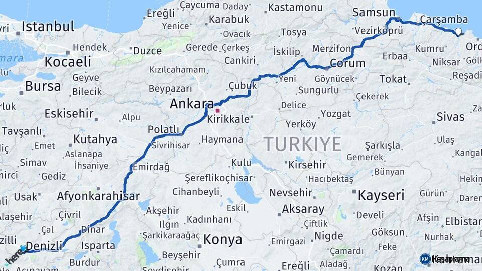 Denizli Fatsa Ordu Arası Kaç Km - Yol Haritası