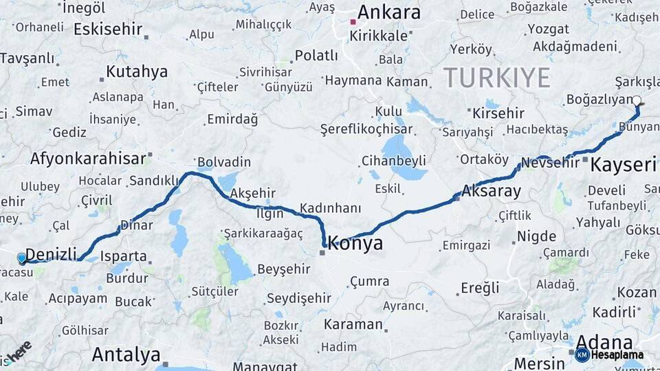 Denizli Gemerek Sivas Arası Kaç Km - Yol Haritası