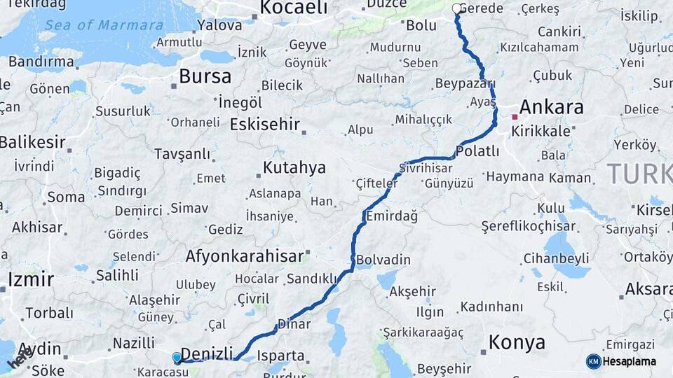 Denizli Gerede Bolu Arası Kaç Km - Yol Haritası