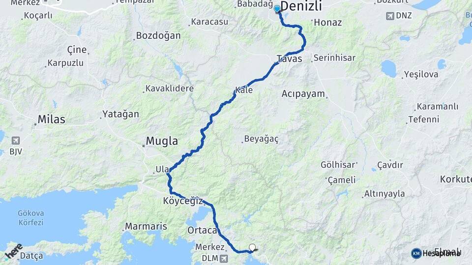 Denizli Göcek Fethiye Muğla Arası Kaç Km - Yol Haritası