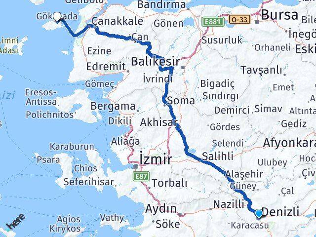 Denizli Gökçeada Çanakkale Arası Kaç Km - Yol Haritası