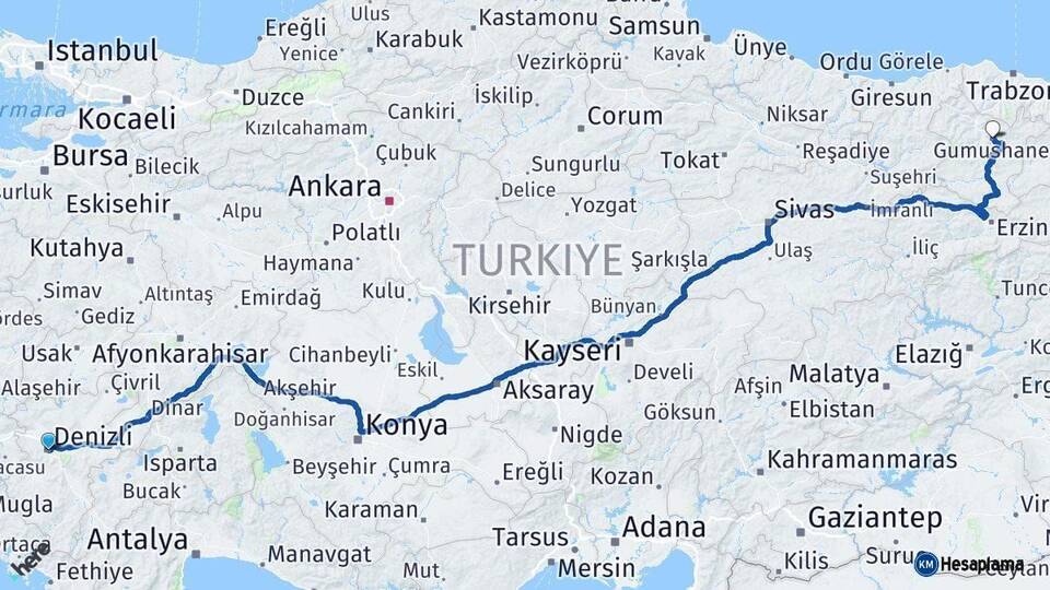 Denizli Gümüşhane Arası Kaç Km - Yol Haritası