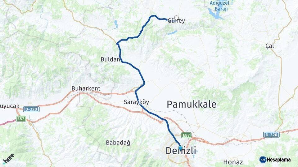 Denizli Güney Arası Kaç Km - Yol Haritası