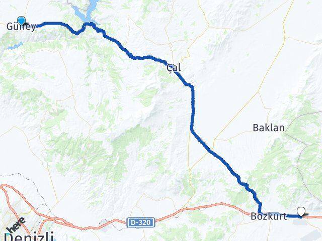 Denizli Güney Çardak Arası Kaç Km - Yol Haritası