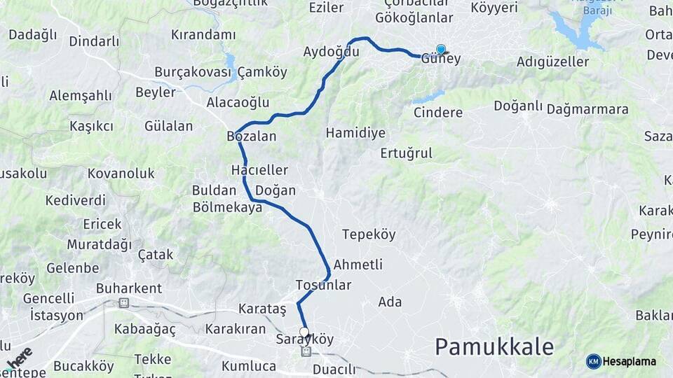 Denizli Güney Sarayköy Arası Kaç Km - Yol Haritası