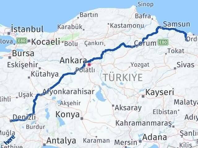 Denizli Gürgentepe Ordu Arası Kaç Km - Yol Haritası