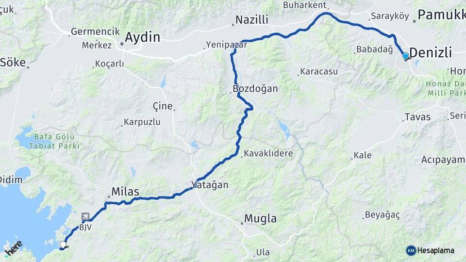 Denizli Güvercinlik Bodrum Muğla Arası Kaç Km - Yol Haritası