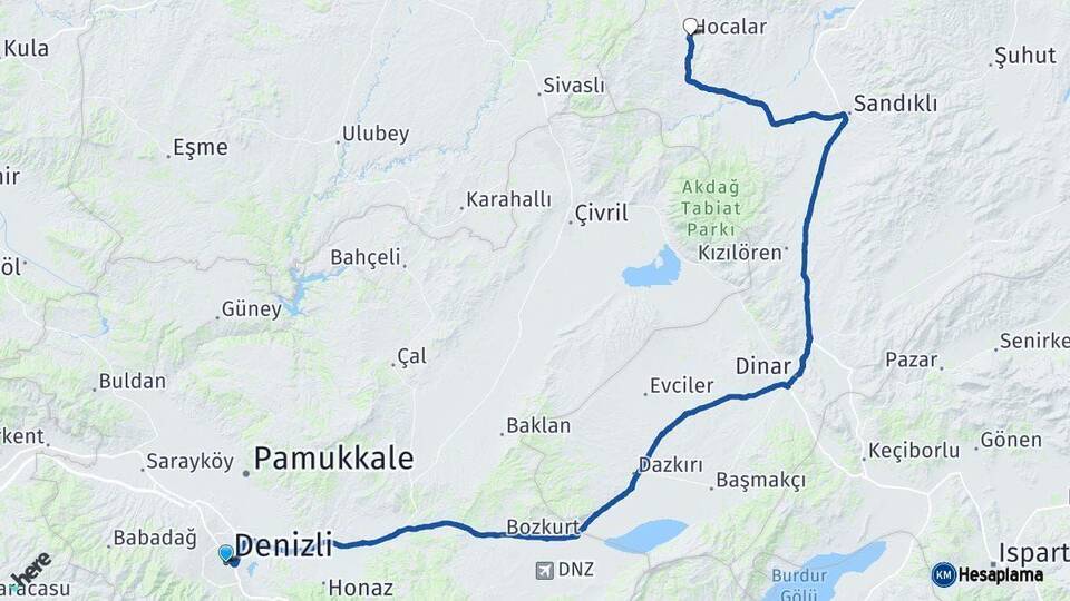 Denizli Hocalar Afyonkarahisar Arası Kaç Km - Yol Haritası