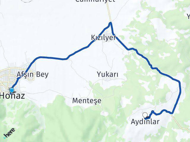 Denizli Honaz Aydınlar Honaz Arası Kaç Km - Yol Haritası