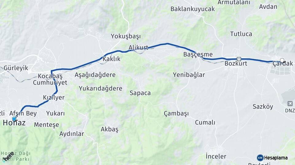Denizli Honaz Çardak Arası Kaç Km - Yol Haritası