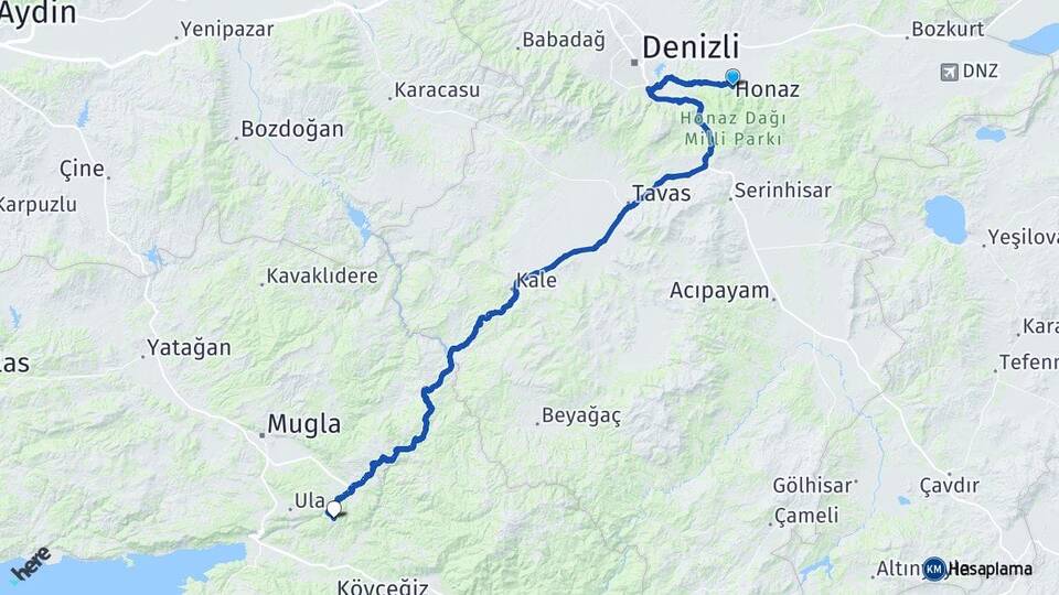 Denizli Honaz Çiçekli Ula Muğla Arası Kaç Km - Yol Haritası