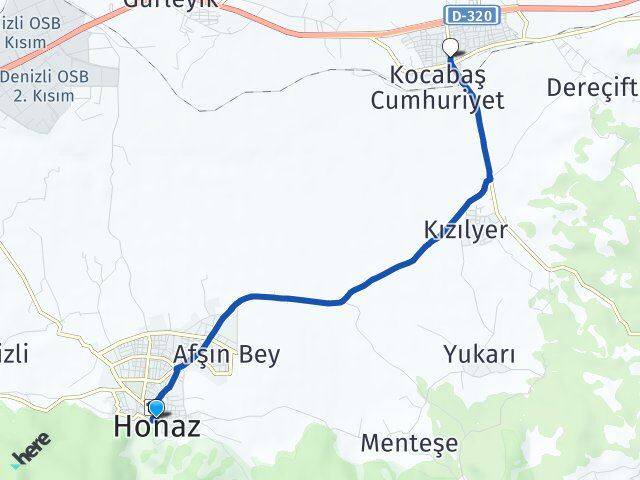 Denizli Honaz Kocabaş Honaz Arası Kaç Km - Yol Haritası